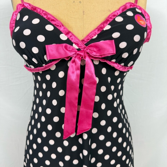 jenni by Jennifer Moore Black Nighty Polka Dots Pink Satin Trim Size Small - Picture 4 of 12